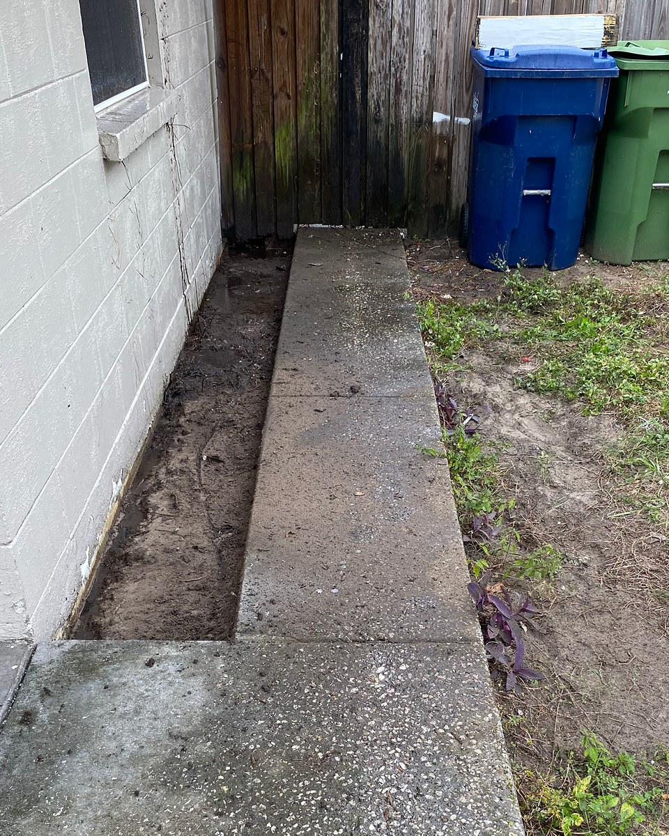 Narrow concrete walkway beside a block wall with dark organic staining before cleaning.
